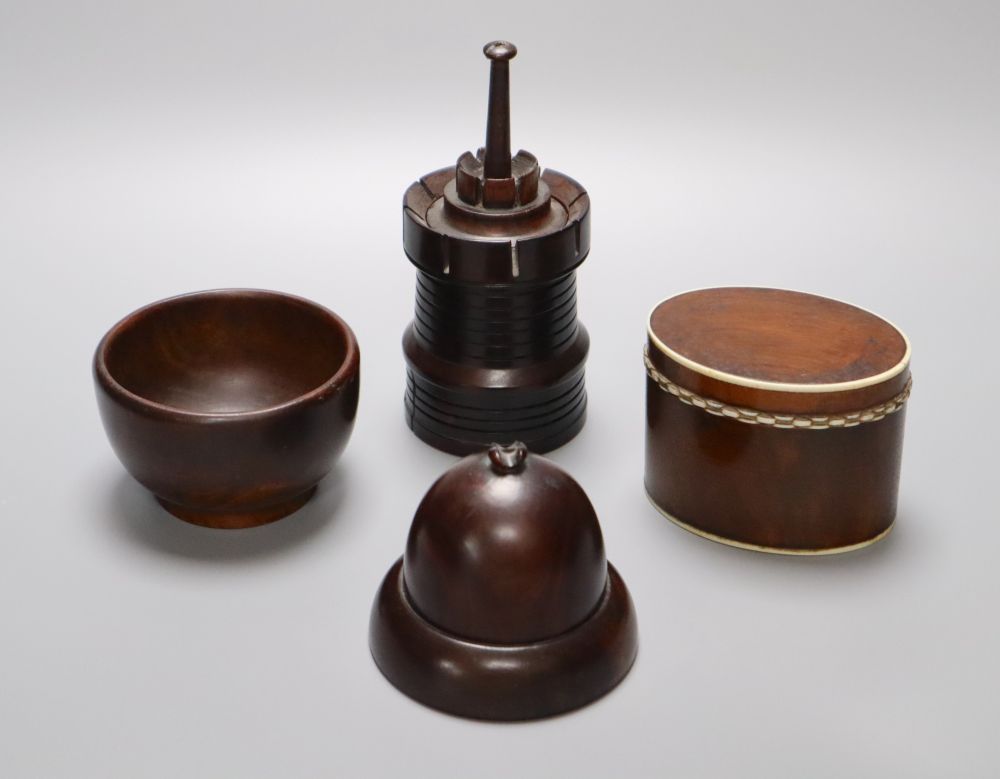 A 19th century lignum vitae turret shaped jar and cover, a similar acorn shaped string box and bowl, and a stained sycamore and engine